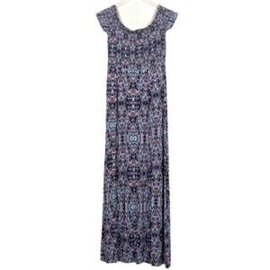 Express Smocked Maxi Dress Small Blue and Multi Colored Y2K
